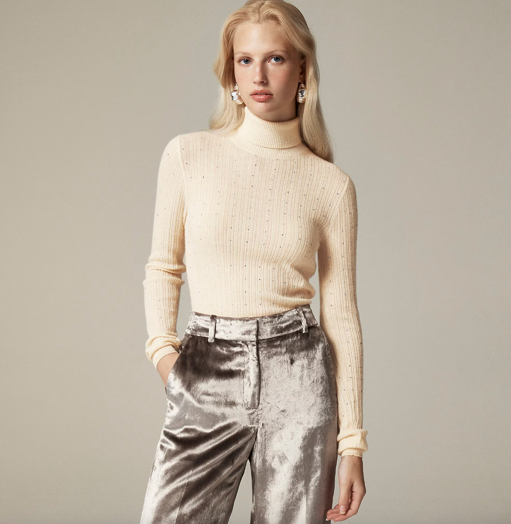 J.Crew Featherweight Cashmere Turtleneck Sweater Rhinestones Buttercream XL NWT